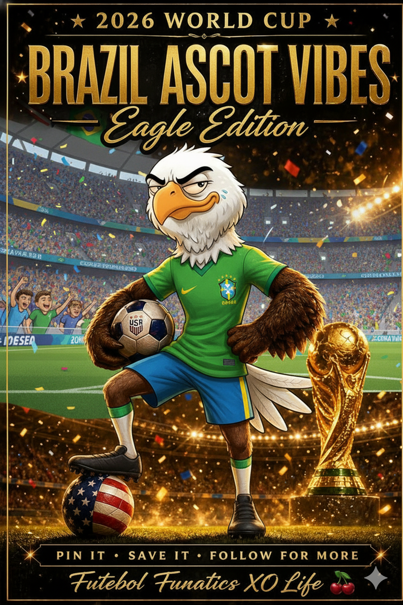 Mascote Águia com camisa do Brasil segurando bola de futebol