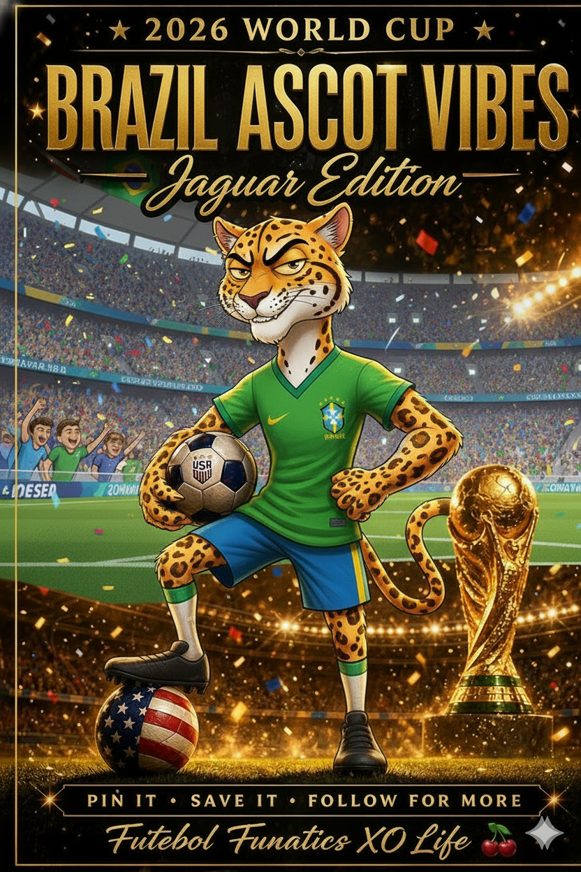 Mascote Onça-pintada com camisa do Brasil e troféu da Copa