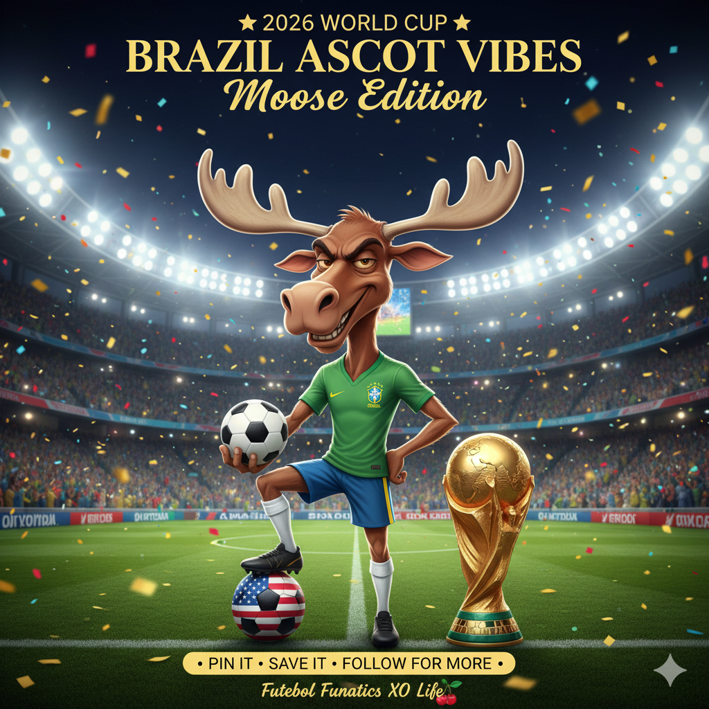 Mascote Alce com camisa do Brasil e bola de futebol